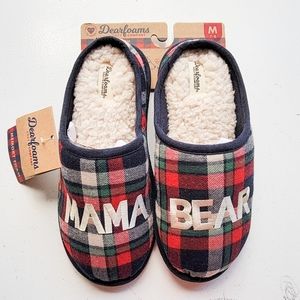 NWT Women's Dearfoam Cozy Comfort Faux Fur Lined Md 7-8 Mama Bear Plaid Slippers
